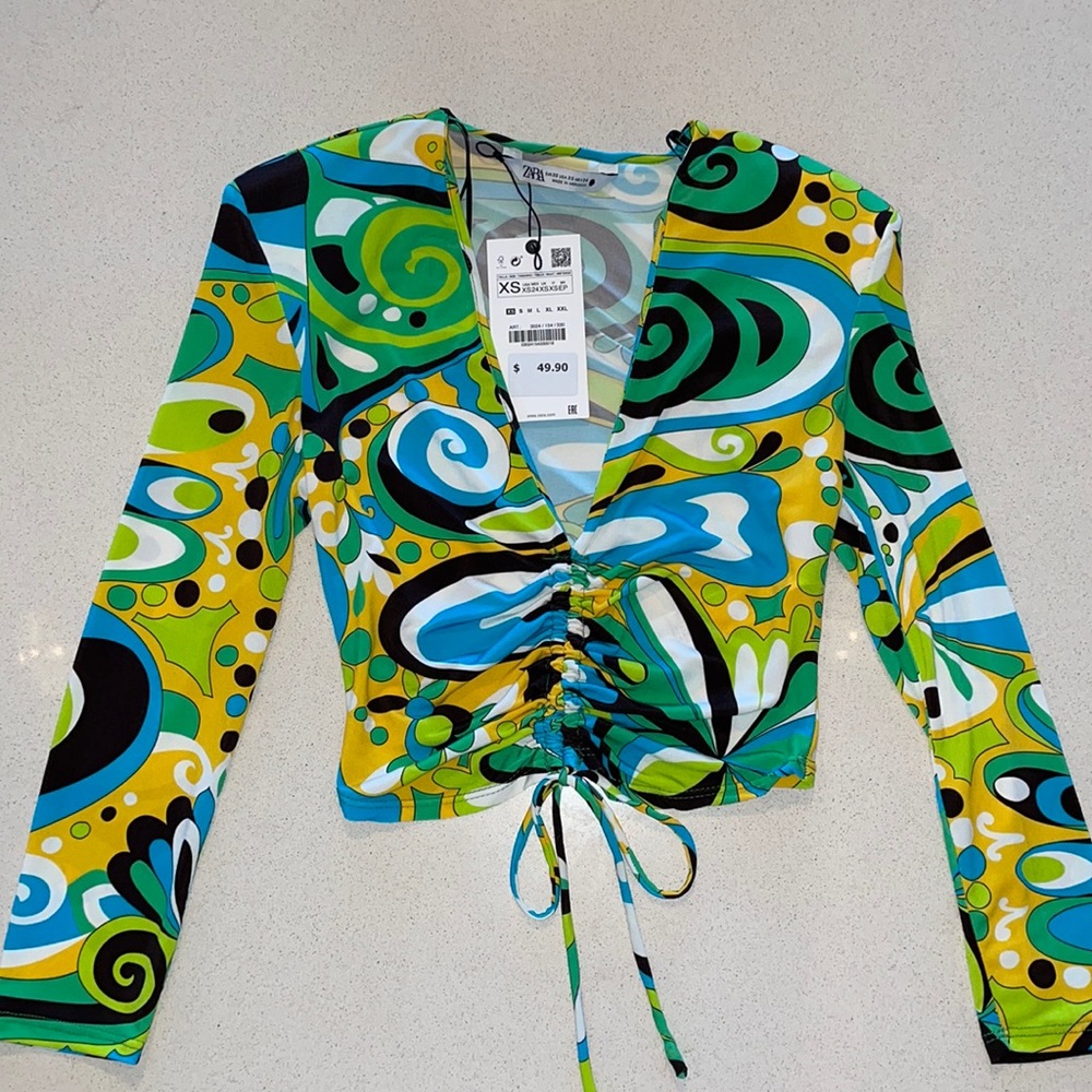Zara Ruched V neck Pucci print Top XS *NEW W TAGS* - Picture 1 of 4